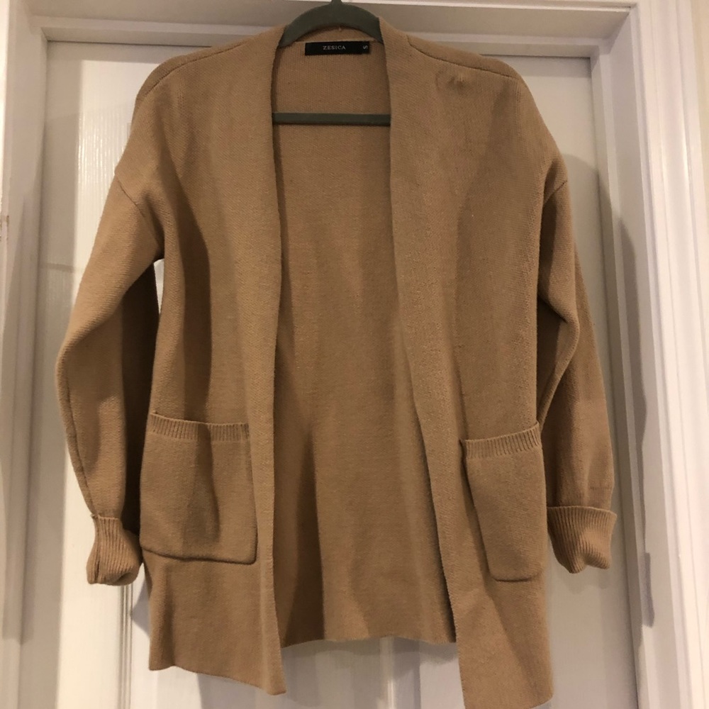 Zesica Long Camel Knit Cardigan with Pockets • Small • Open Front Cozy Sweater